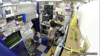 Japanese teen brunette, Mikuni Maisaki is masturbating at work, uncensored